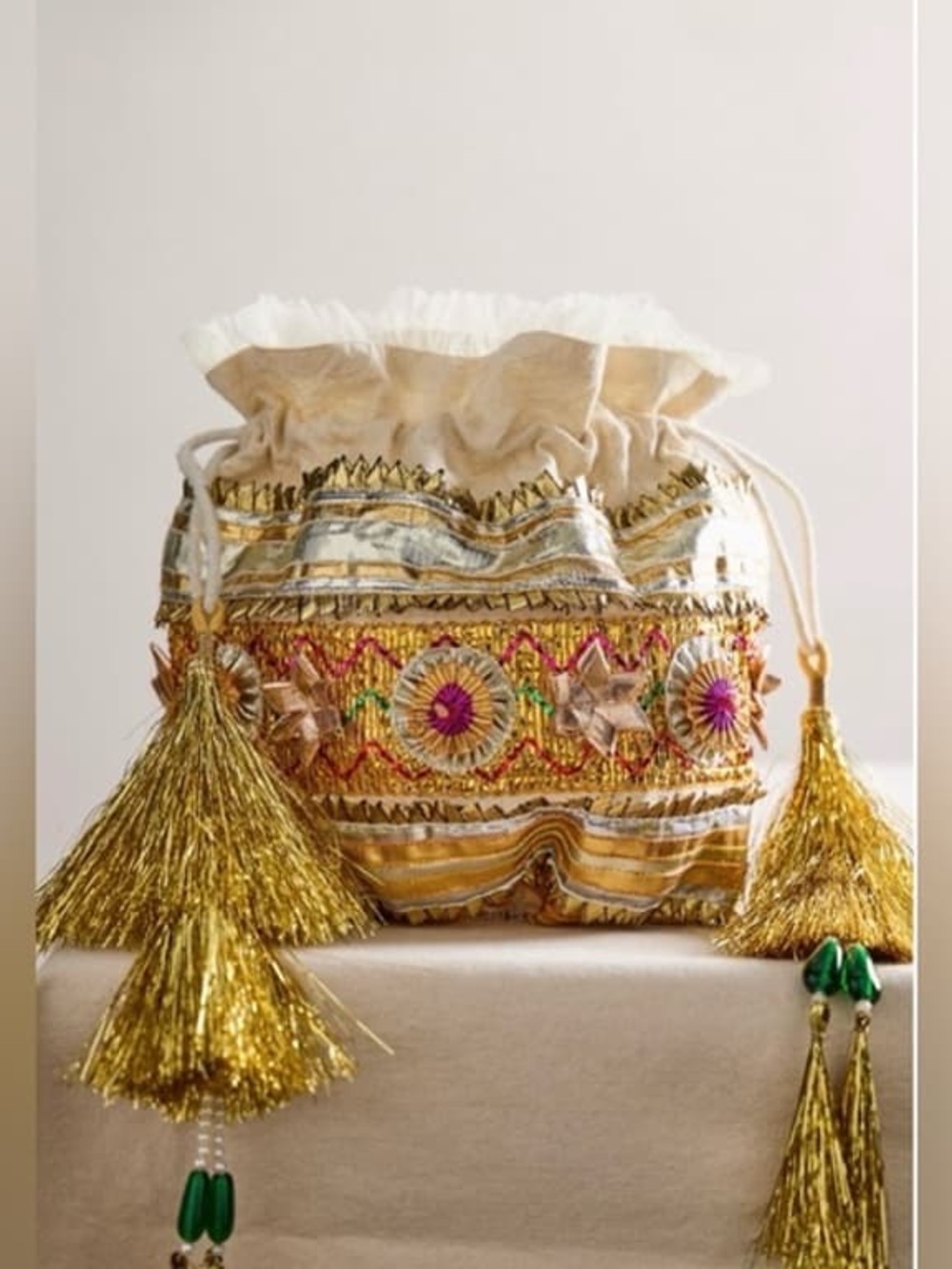 Free People Gold and Cream Embellished Drawstring Pouch